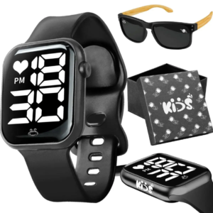 Digitaal kinderhorloge + zonnebril met UV-bescherming + geschenkdoos